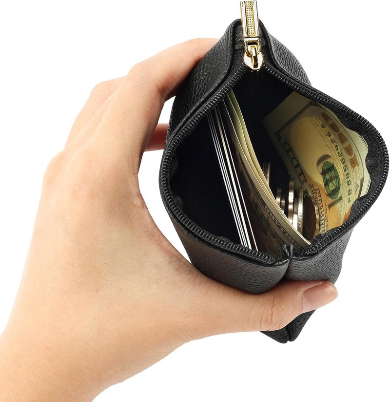 Chelmon PU Leather Coin Purse Pouch Change Holder Small With Zipper for Men Women 2 PCS Set (Black&Black) - Image 4
